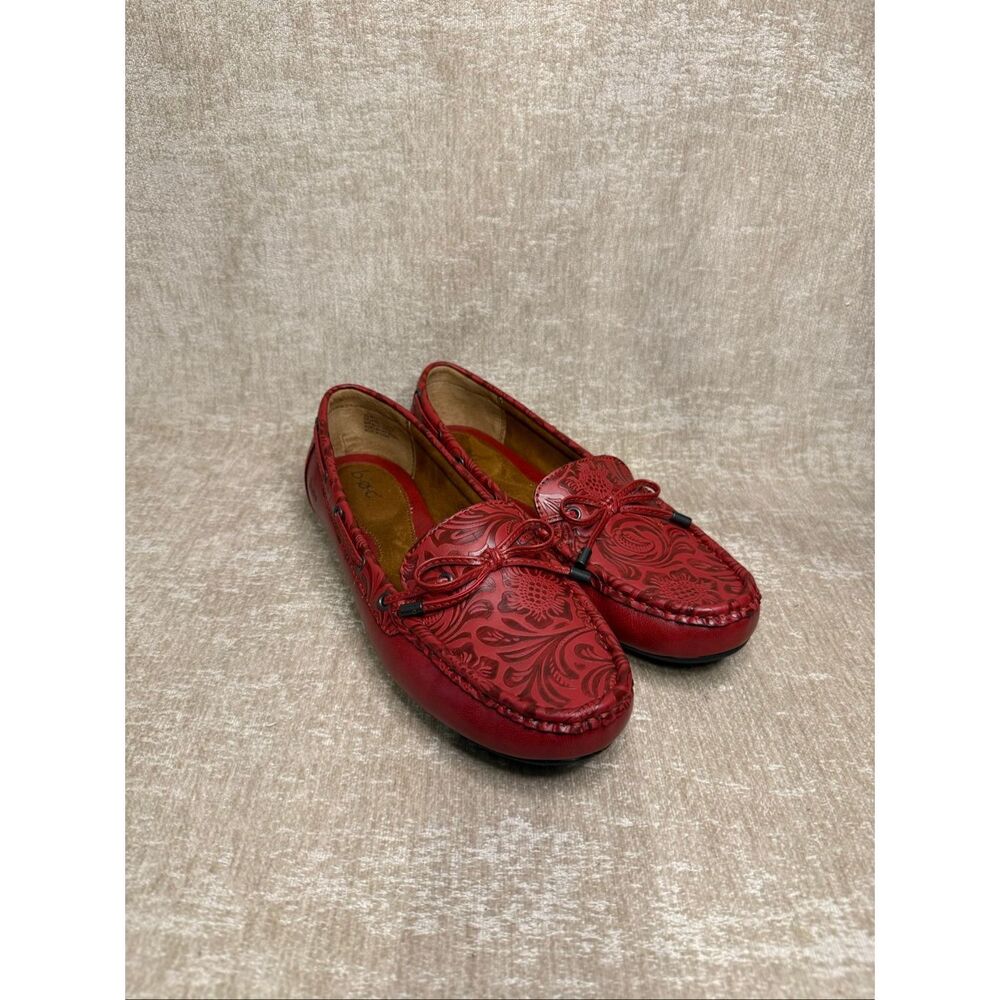 BOC Women's Floral Embossed Slip On Tie Moccasin Loafers Flat Shoes Red Size 10